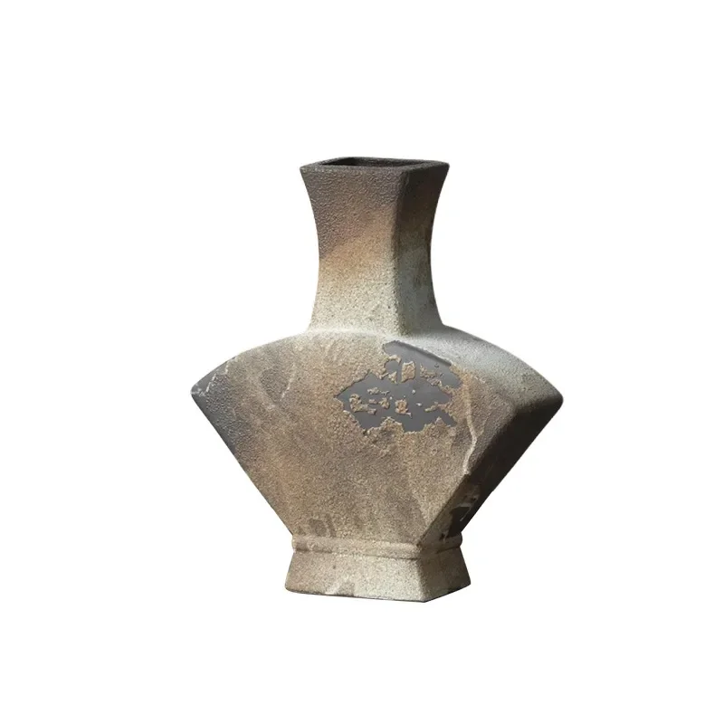 Dark Brown Mottled Geometric Ceramic Vase Rustic Wabi Sabi Coarse Pottery Jar for Hotel Model Room Flower Arrangement Decor