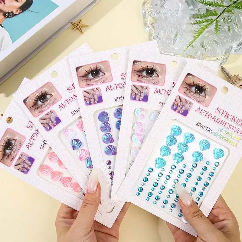 3D Dreamy Shell Crystal Diamond Patch Face Gems Mermaid Temporary Tattoo Stickers Self-adhesive DIY Body Art Decoration Makeup