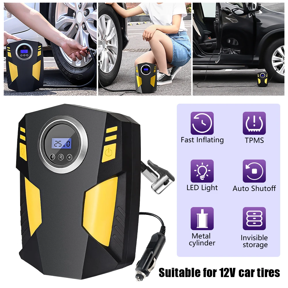 

Portable 12V Car Tire Air Inflator Auto Shut Off Air Compressor Pump with LED Light Digital Pressure Display for Vehicle Tires