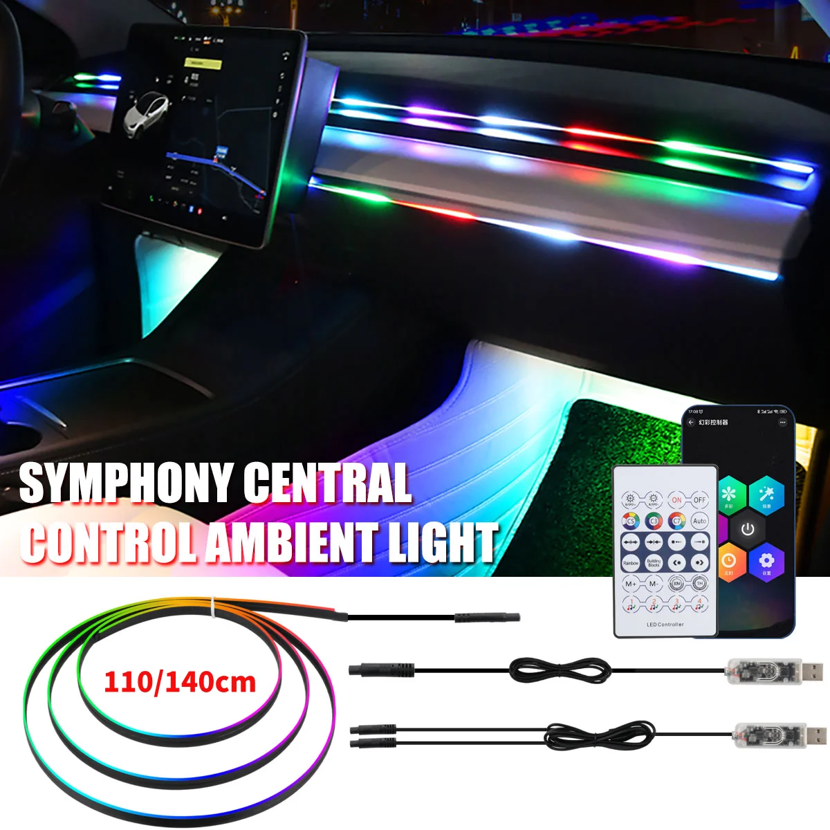 Fita de Luz LED Acrílica 1/2 em 1 de 110cm/140cm para Interior de Carro com Controle Remoto APP, Luzes Ambientais USB para Carro, Lâmpada de Atmosfera Neon para Decoração