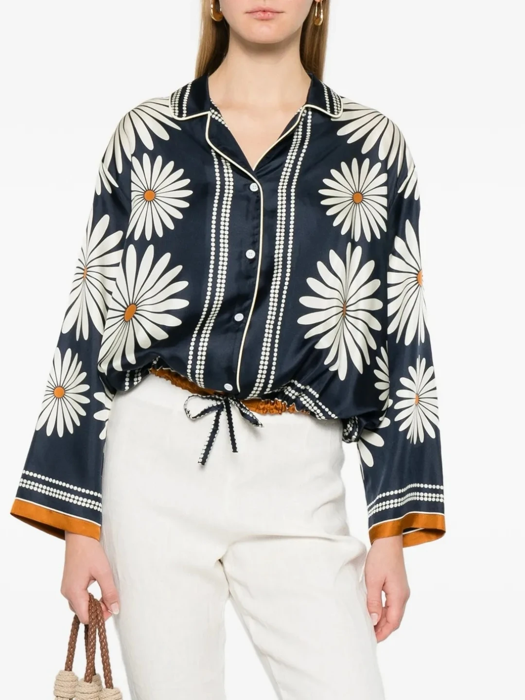 

Smooth Retro Daisy Suit Collar Dstring Waist Ele Women's irt Romantic Sle Loose Fit Polyester Fiber Long Sve