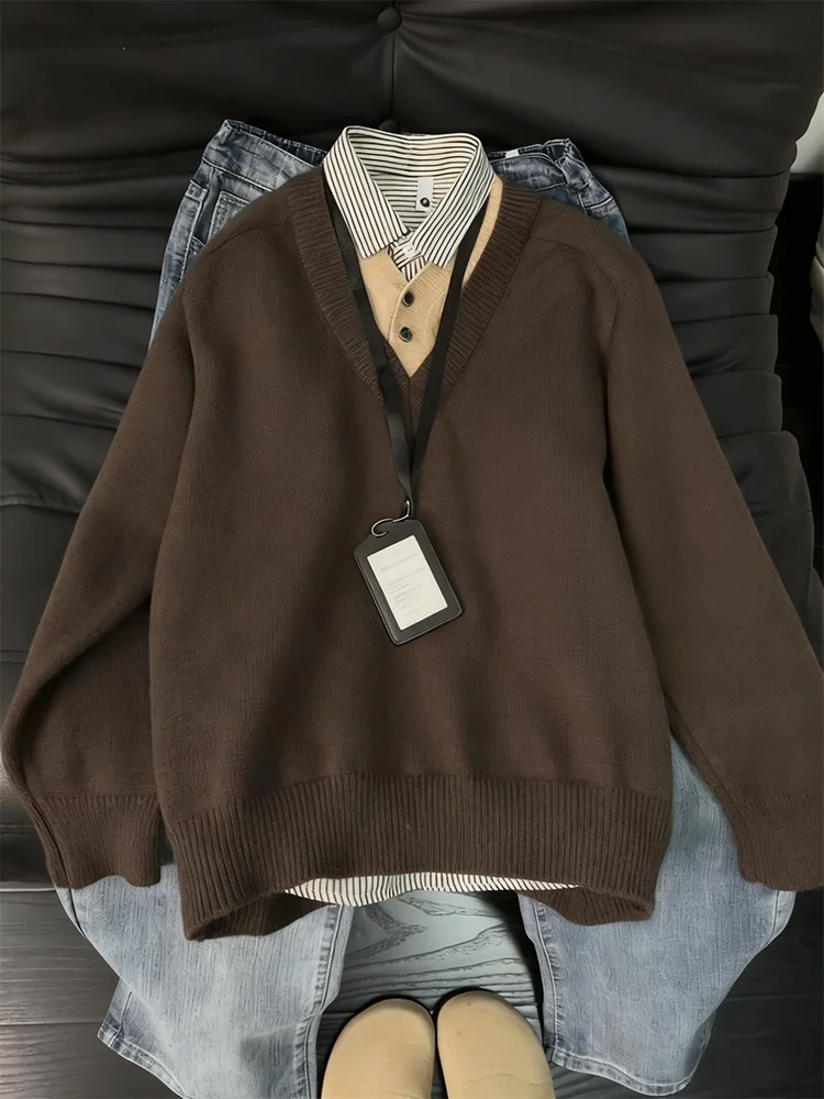 

Men's V-ne Knitted Sweater Fake Two-Piece Sle Casual Faion Inner Wear Mermaid Vintage Knit Base irt Autumn Winter