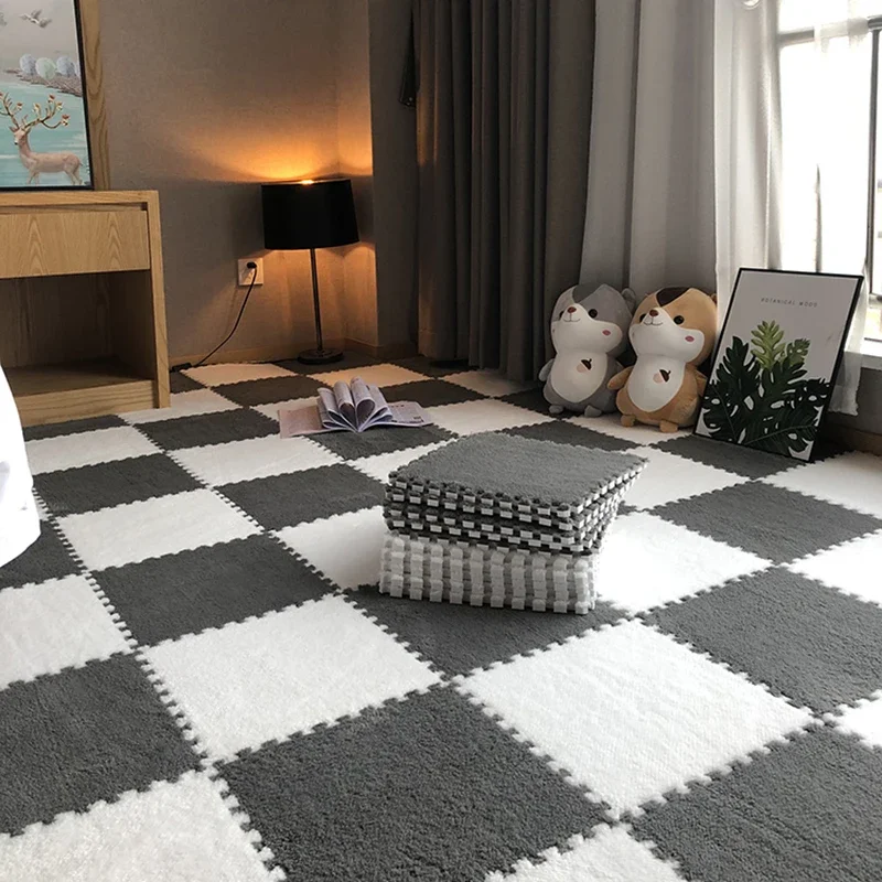 16Pcs Baby Play Mat Plush Foam Interlocking Floor Mat 30x30cm Baby Mat Square Soft Fluffy with Border Baby Floor Mat for Home