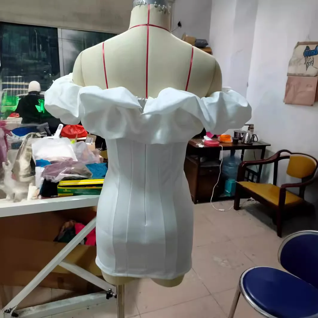 Summer Fashion Women Sexy Camis Mini Dress Solid Puffed Neck Short Dresses Silm Off Shoulder Shirt Coquette Casual Y2k Clothes