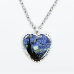 Fashion Van Gogh Art Starry Night Sunflower Necklace Glass Cabochon Painting Heart Pendant Printed Photo Necklaces