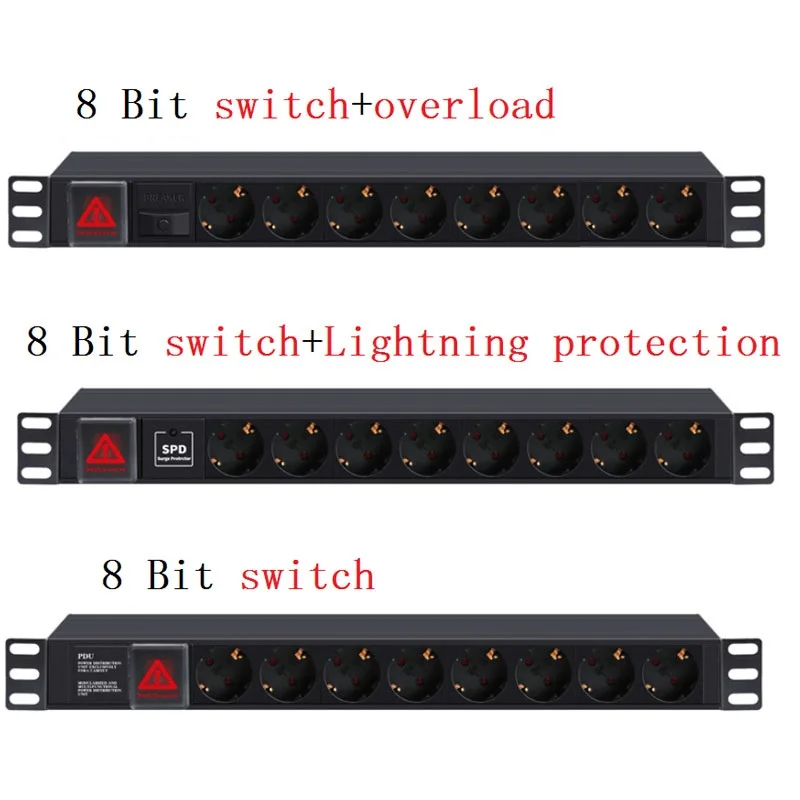 Aluminum Alloy Industrial 19 inch PDU Network Cabinet Rack Power Strip 8AC with Switch European Standard Extension Plug Socket