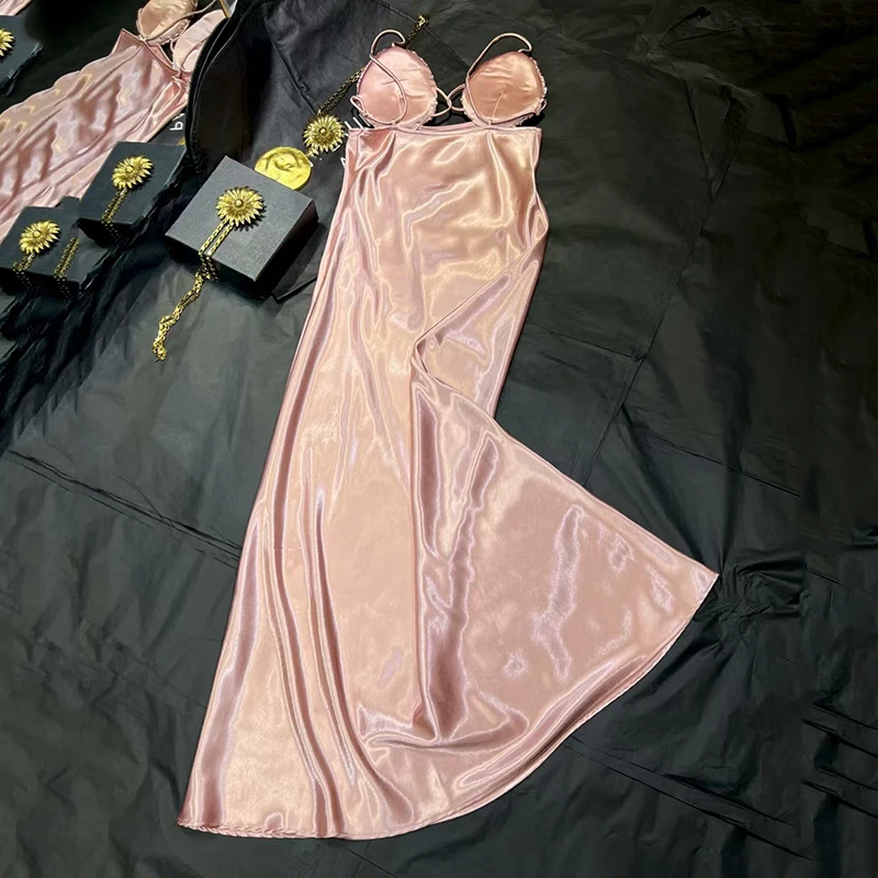 2025年夏新作 レディース サテン スリムフィット ノースリーブ ロングドレス セクシー バックレス サスペンダー ミディ丈ドレス 宴会 パーティー ドレス