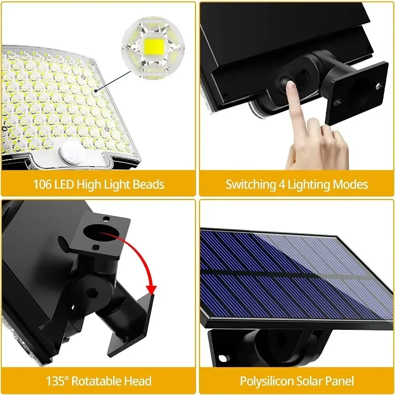 100/106/228 LED Solar Motion Light Bright Outdoor Solar Flood Lights 3 tryby oświetlenia do garażu ogrodowego Wodoodporna lampa ścienna