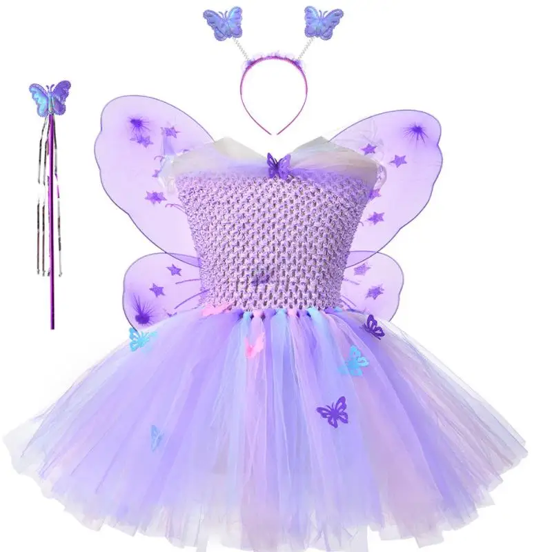 

2024 Infantil Real Girls Tutu Dress Baby Fluffy Tulle With Butterfly Wing Halloween Kids Party Cosplay Costume Dresses 2-10Y