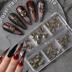 6 Grids Halloween Nail Charms 3D Alloy Gold Silver Nail Rhinestones Glossy Retro Gems Design Devil Skull Nail Art Supplies
