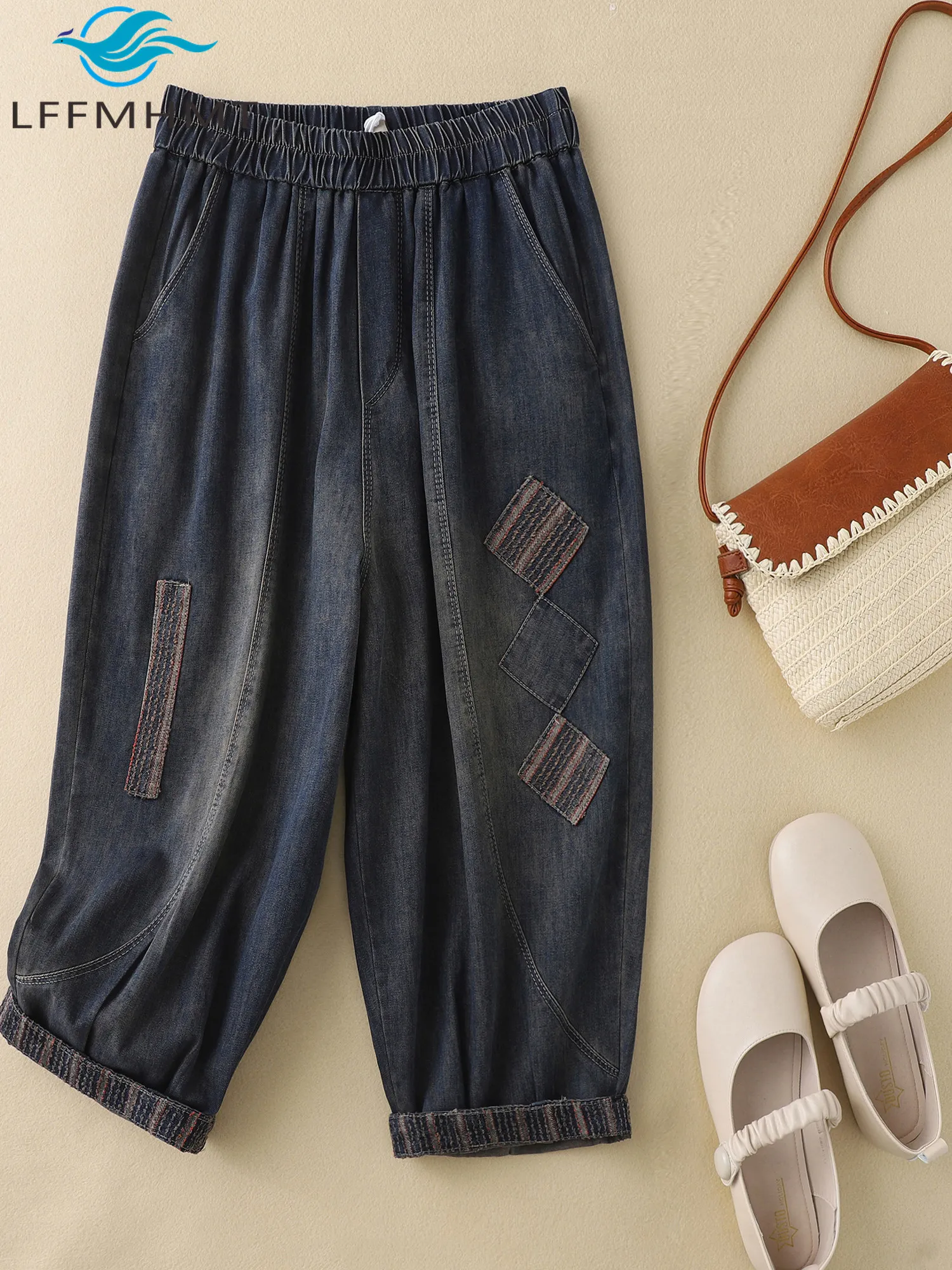 Women's Vintage Cotton Cropped Harem Carrot Jeans Summer Streetwear Trendy Thin Elastic Waist Loose Casual Denim Pants