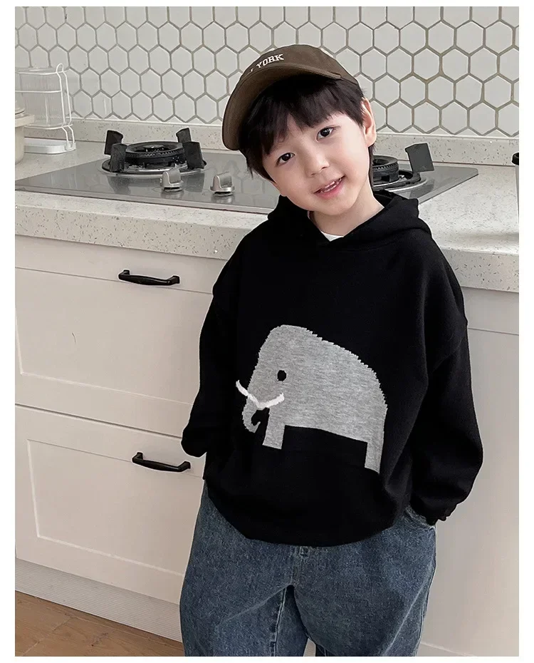 Spring New design Fashion Elephant jacquard sweaters Boys cotton knitted hoodies