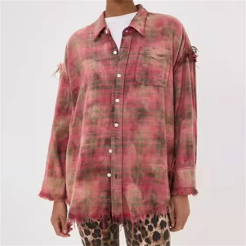 

Women's shirt 2025 summer New tie dyed pure cotton long sleeved top Tassel checkered Women's blouse Couple style loose Thin coat