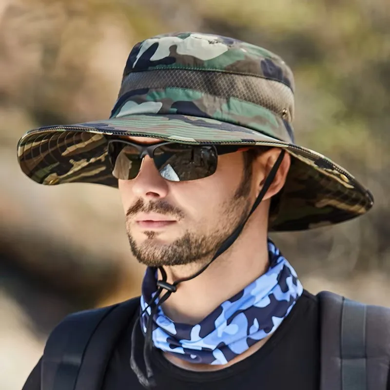 Tarnmuster Fischerhut, Verstellbarer Kinnriemen UV-Schutz Schnelltrocknender Wander- und Camping-Sonnenhut