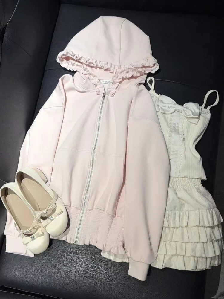 

Корейский кардиган-свитшот с капюшоном и кружевными вставками, свободного кроя, на молнии, модный, больших размеров, для женщин