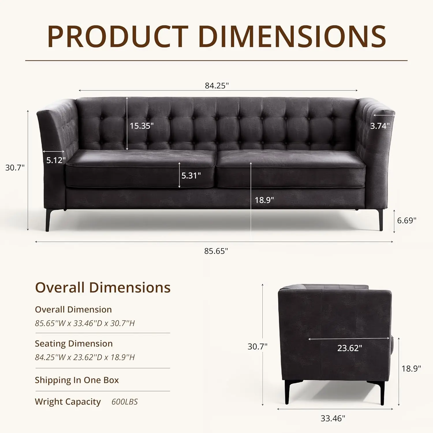 85'' Faux Leather Sofa With Button Tufted, 3 Seater, Grey, Customized
