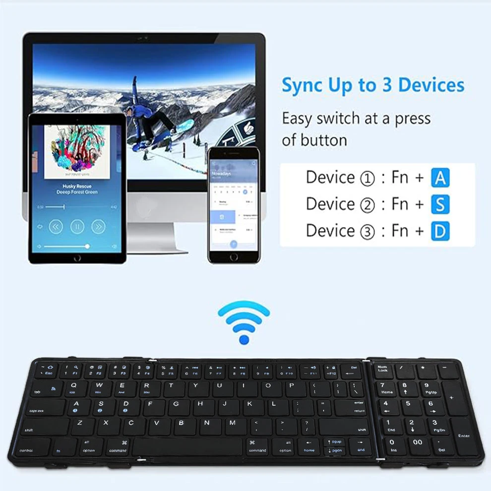 Foldable Bluetooth Keyboard Supports Up to 3 Devices Rechargeable Wireless Folding Keyboard for iPad iOS Android Tablet MacOS