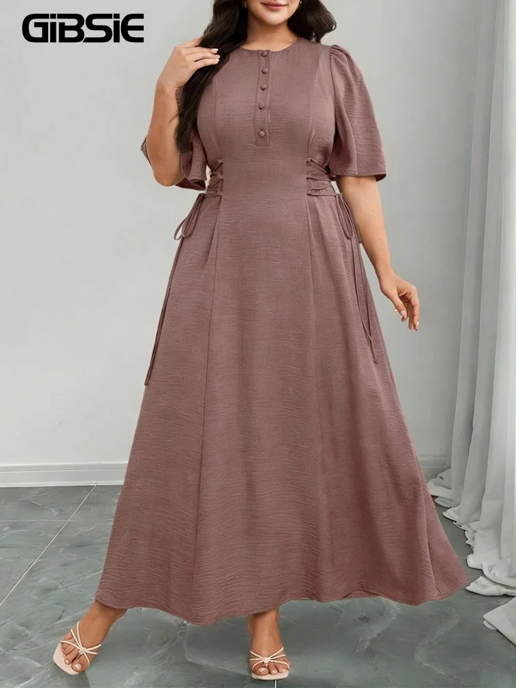 

GIBSIE Plus Size Vintage Solid Color Lace-up A-Line Dress Women Summer 2026 Elegant O-Neck High Waist Female Button Long Dresses