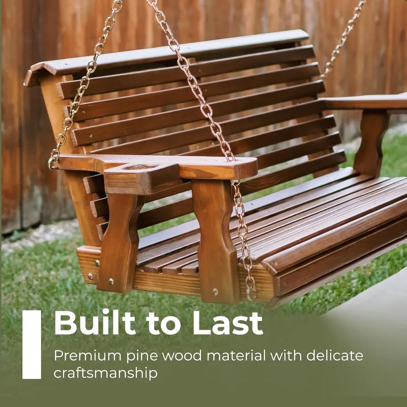 أرجوحة شرفة شديدة التحمل بطول 6 أقدام، سعة 700 رطل، حاملات أكواب، صنوبر معالج، صناعة الولايات المتحدة الأمريكية