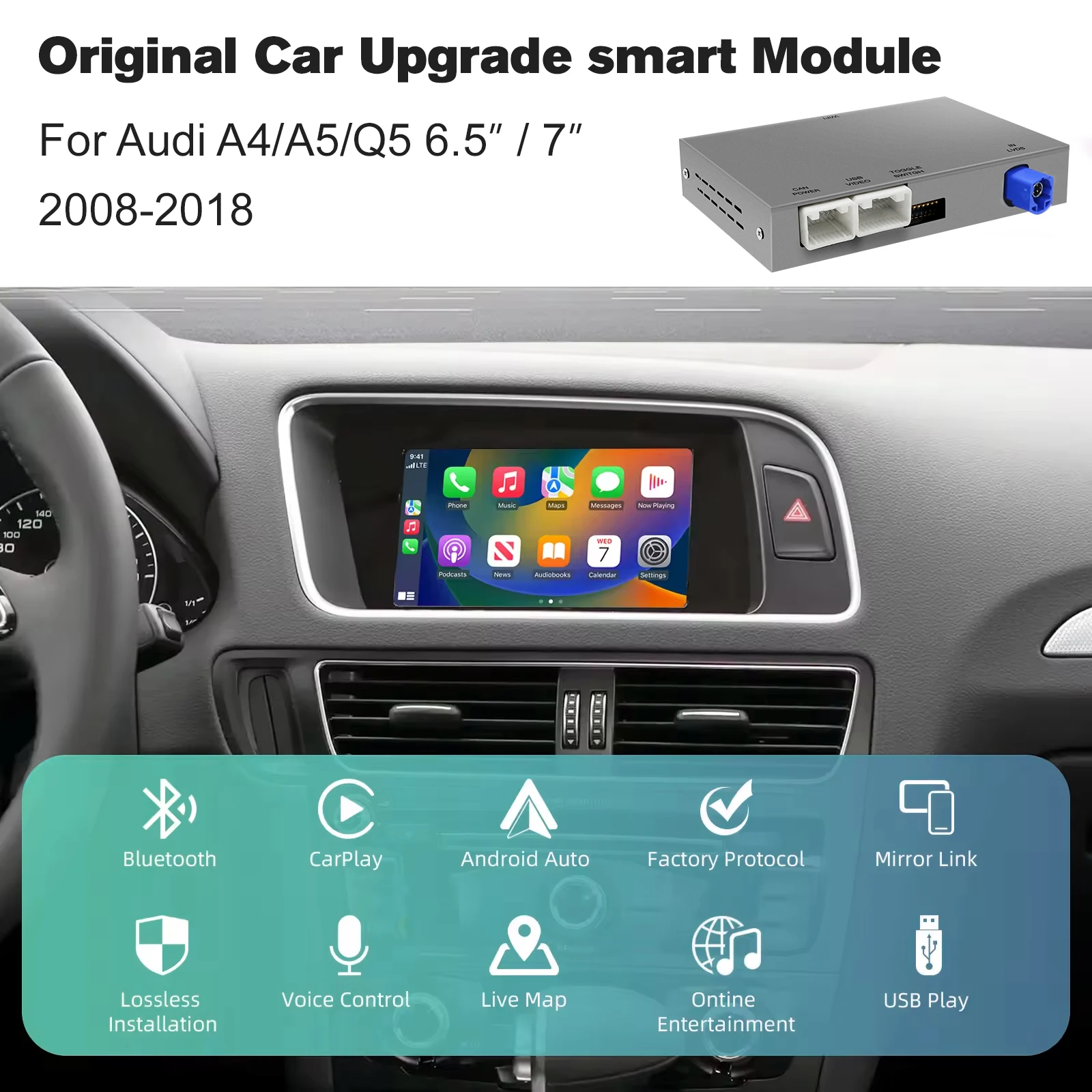 Kabelloses CarPlay Android Auto für Audi A4, A5, Q5 2008-2018, 6,5"/7-Zoll-Bildschirm, mit MMI 3G Nachrüstset OEM Upgrade Decoder Box
