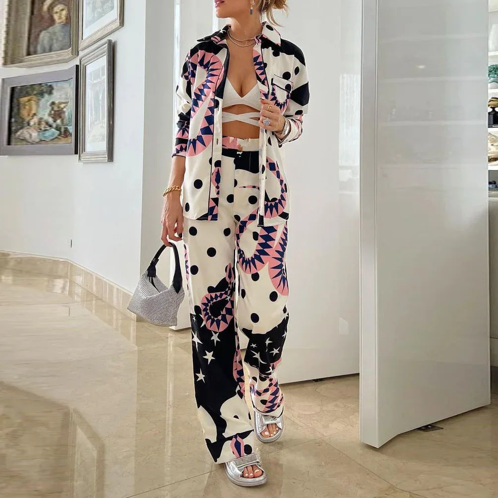 

Women's Starry Sky Casual Printed Shirt Top and Pants Set, Long Sleeve, Loose Shirt, High Waist Wide Legs Pants Set, 2-piece Set
