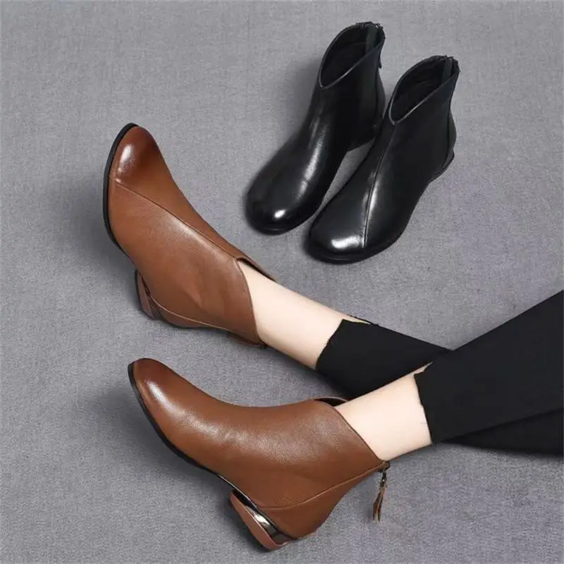 Vintage Brown Leather Boots Woman Wedge Booties 2024 Winter Warm Fashion Retro Shoes Ladies Zip Platform Boot Female