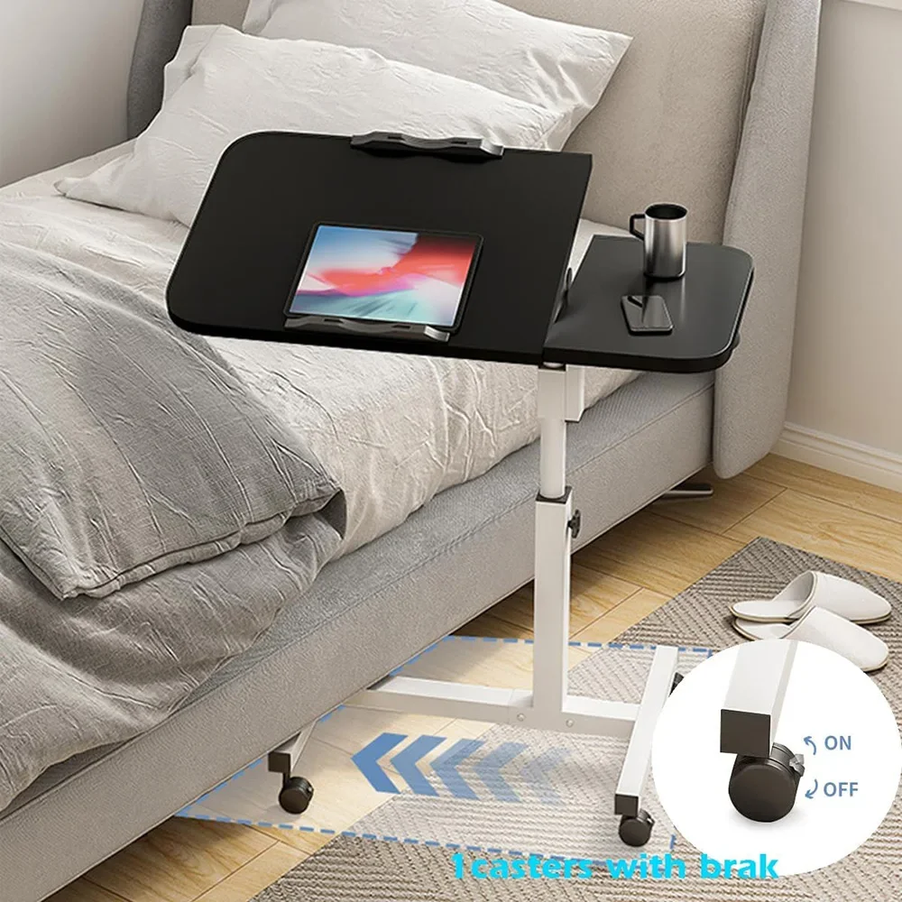 Tilting Overbed Table with Wheels, 2 Tilting Desktops, Height Adjustable Bedside Desk, Mobile Laptop Table Stand Desk