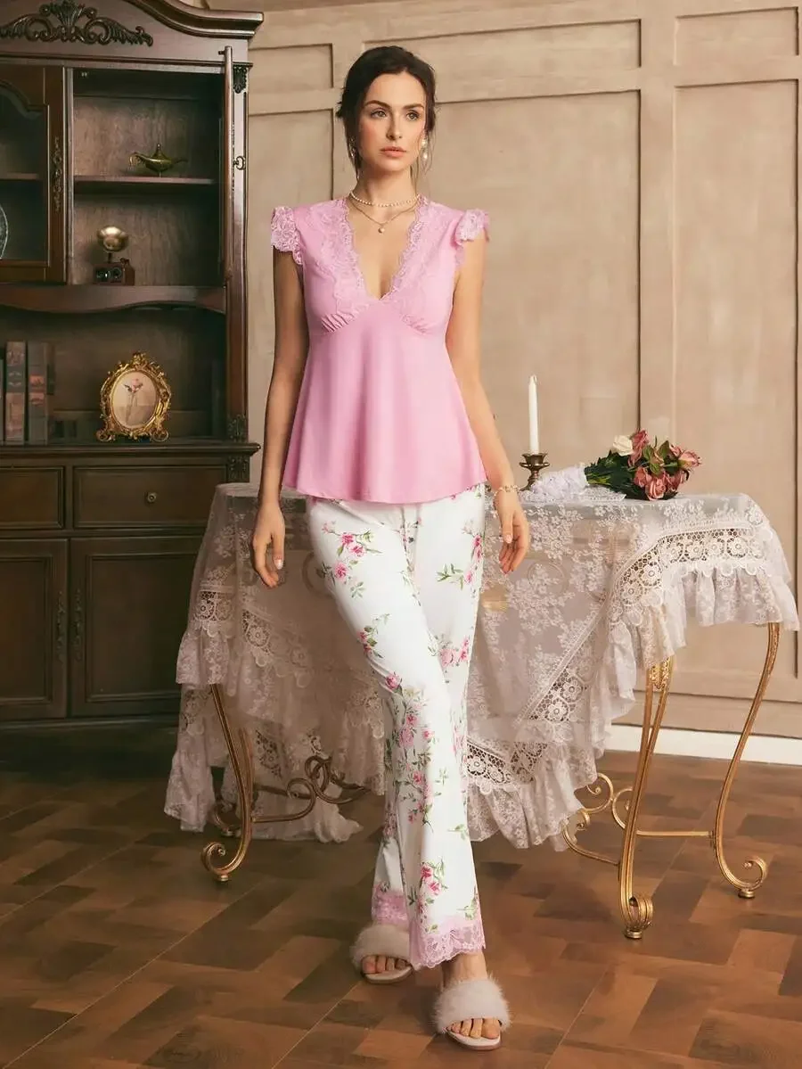 

Elegant Floral Lace Patchwork Women Sleepwear Set Pink Summer Pajamas