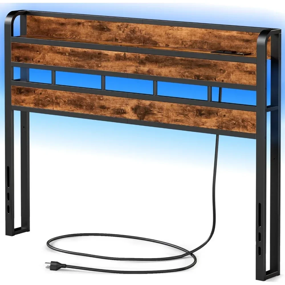 

Queen Size Headboard with Storage Shelf and LED Light, USB Port and Charging Station, Sturdy Metal Frame & Wood Shelf