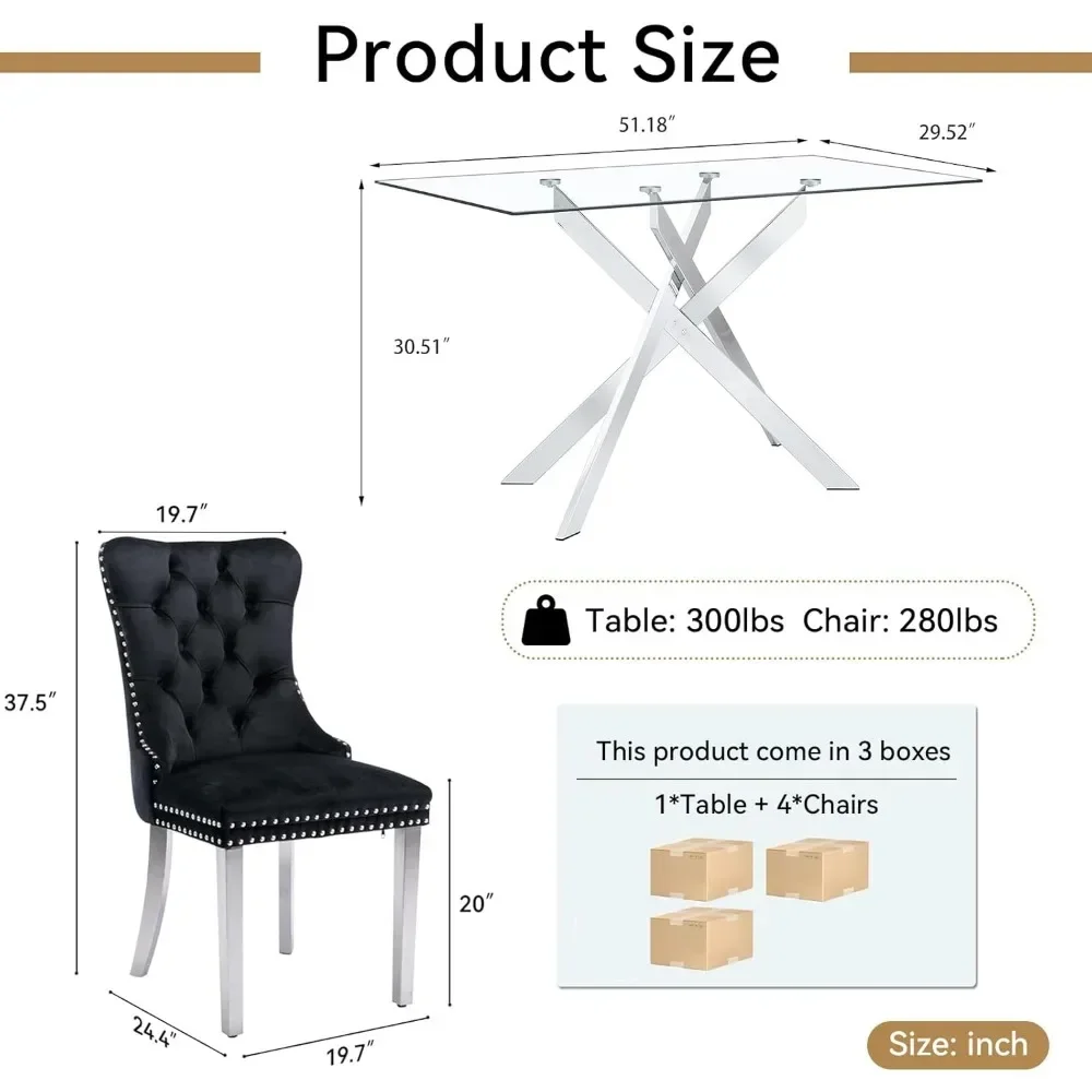 Набор стеклянных обеденных столов из 5 предметов, прямоугольный стеклянный стол 51 дюйм и 4 стула с бархатной обивкой, набор стеклянных обеденных столов на 4 человека