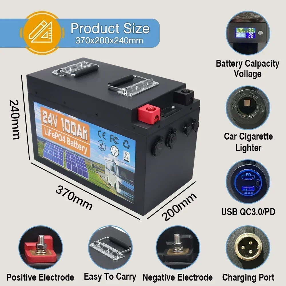 24V LiFePO4 Battery Pack 100AH Built-in BMS Lithium Iron Phosphate Cells 6000 Cycles For Outdoor Camping Golf Cart Solar Storage