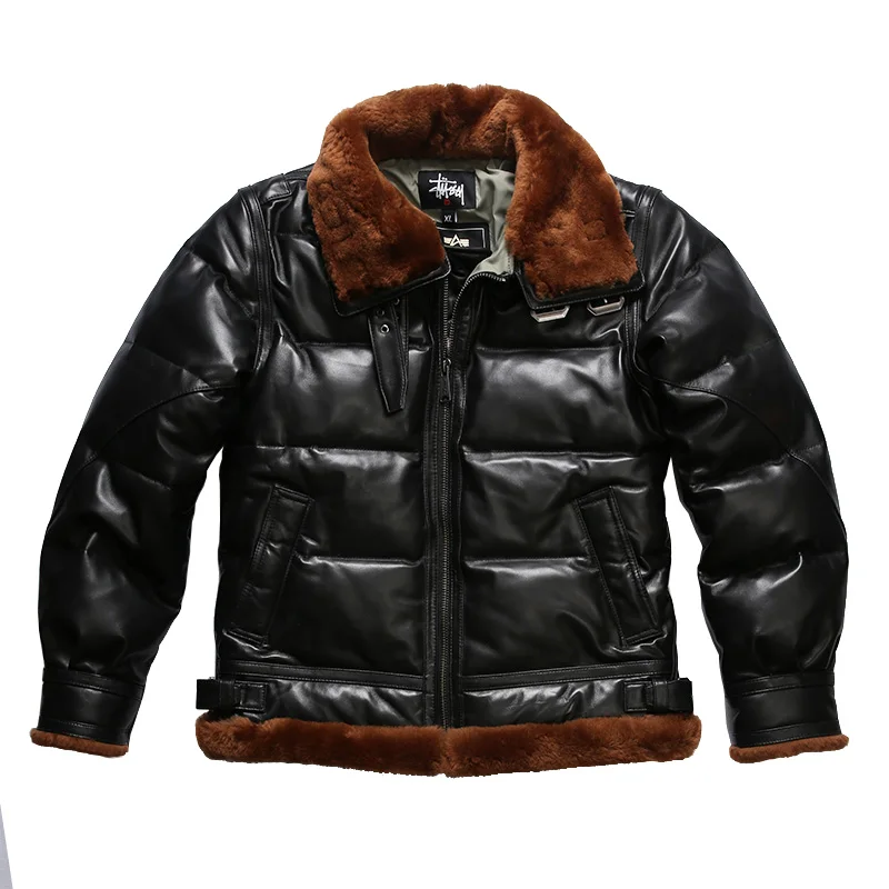 Winter Simple Streetwear Casual Men's Warm Down Coat High Quality 100% Genuine Leather Black Fur Collar Sheepskin Jackets