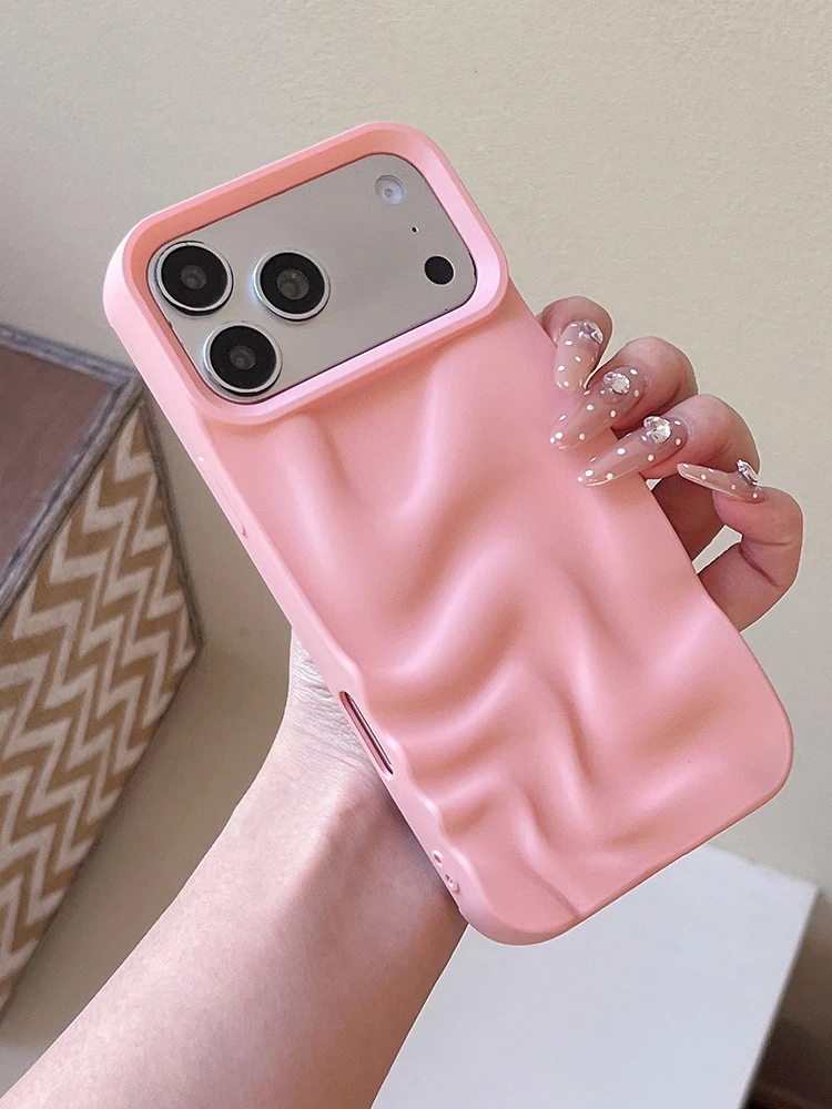 Stylish 3D Bump Wave Shiny Pink Back Cover For iPhone Air 11 12 13 14 15 17 18 Pro Max Phone Case