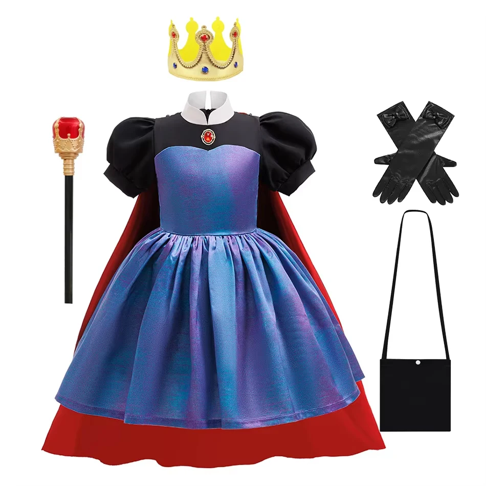 

Evil Queen Girls Costume with Detachable Cape Dark Queen Role Play Outfit Kids Villain Cosplay Dress for Halloween