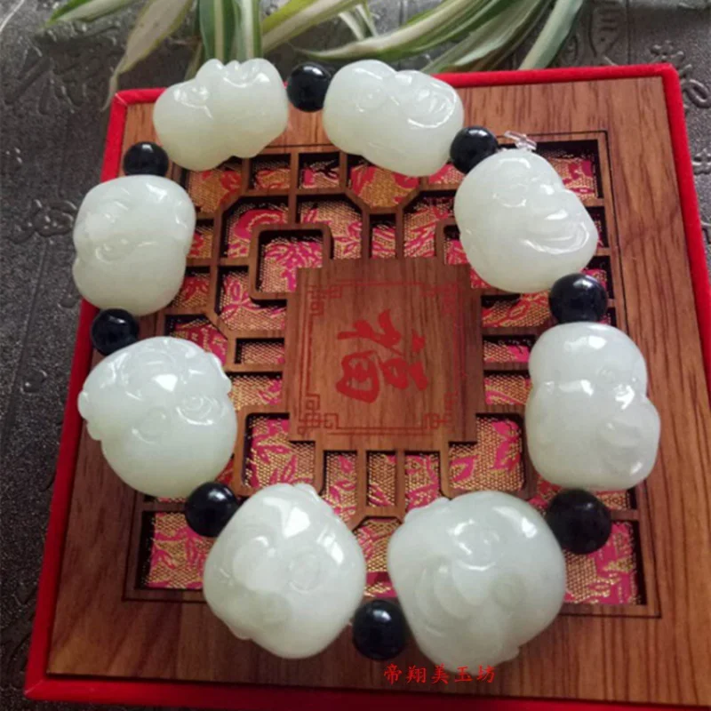 Xinjiang Hetian Jade Double-Sided Carved Smiling Buddha Head Bracelet