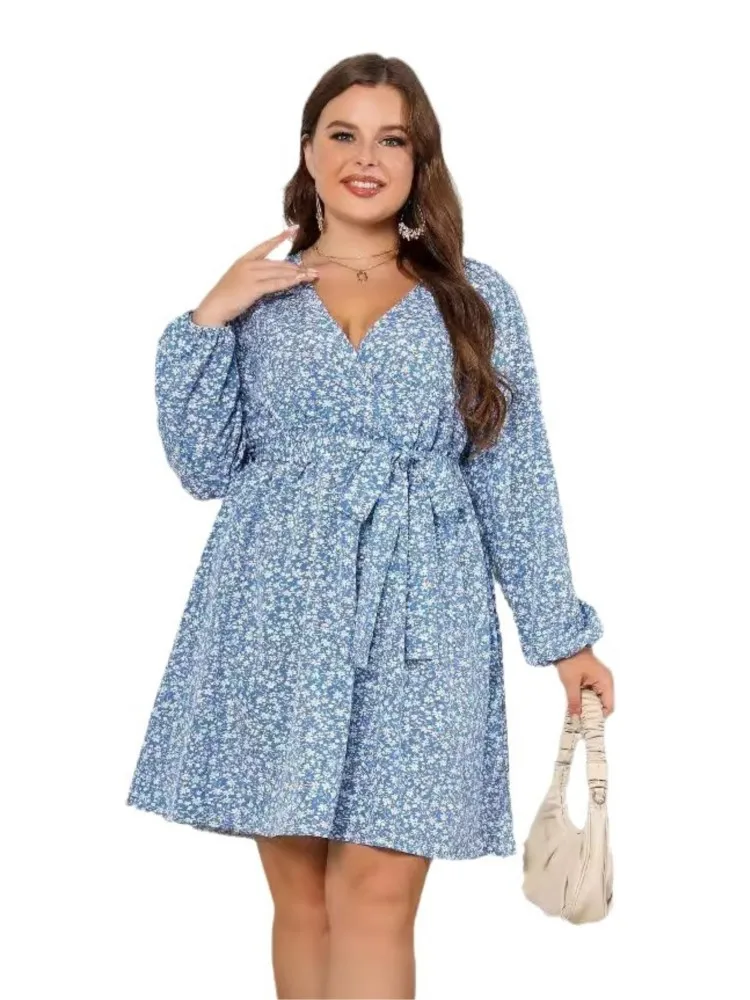 Plus Size Summer Flower Floral Print V-Neck Mini Dress Women Ruffle Pleated Loose Fashion Ladies Dresses Long Sleeve Woman Dress