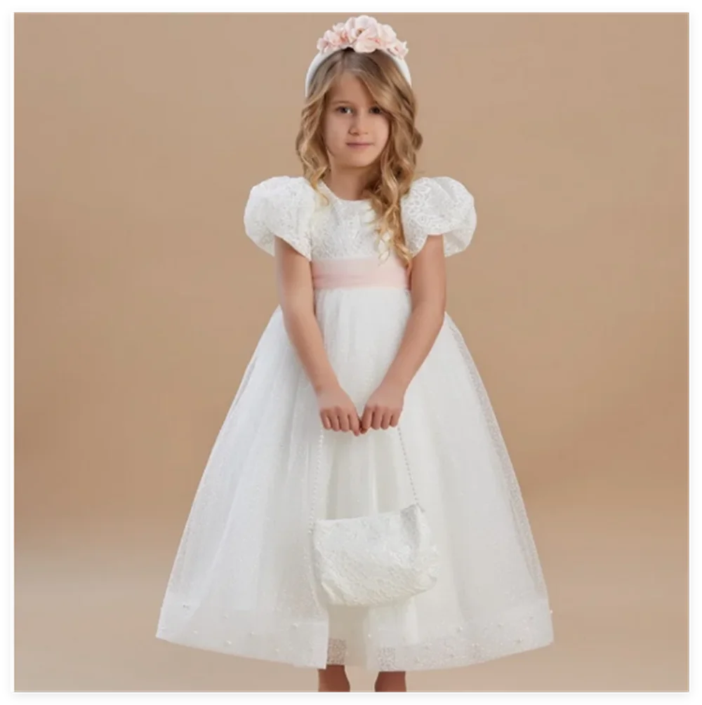 

White Flower Girl Dresses Tulle Appliques Short Sleeve For Wedding Birthday Party First Communion Gowns