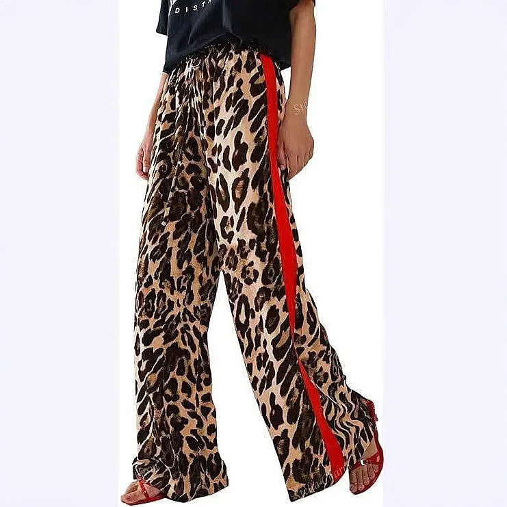Women's Casual Loose Wide Leg Pants Leopard Print Patchwork Trousers Overall Jumpsuit Sets