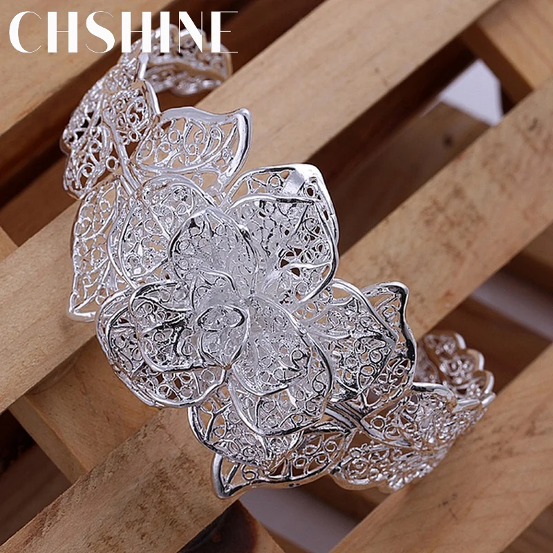 

925 Sterling Silver jewelry bangle Hot engagement jewelry exquisite retro charm hollow big women lady flowers openings bracelet