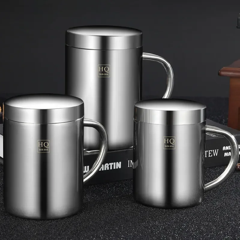 304 Stainless Steel Mug Cup Double Layer Anti-scalding With Lip Thermos Cup Coffee Milk Beer Water Tea Bottle Office Home Use