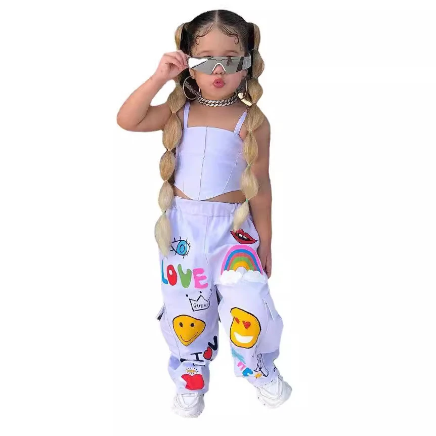 Fashion Girl Suits White Girl Clothes Set Crop Top Tank Shirt and Loose Pants Print Chic Kids Clothing Children Outfit Elegant