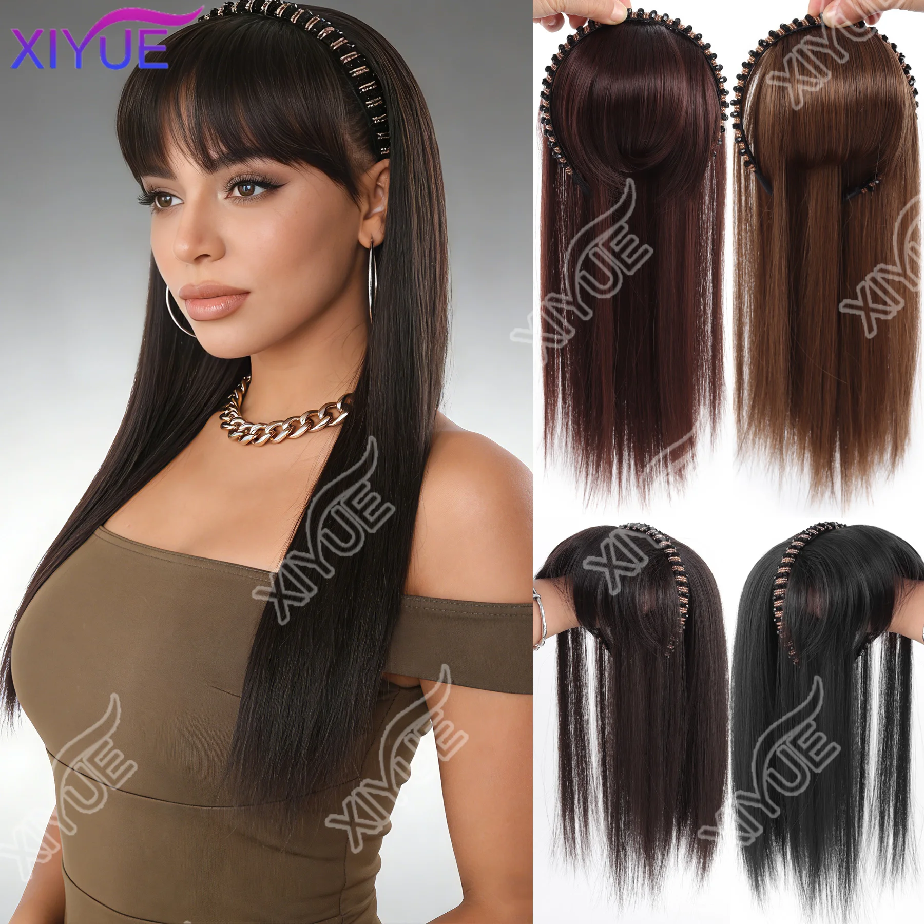 

XIYUE синтетическая челка с кристаллами, повязка на голову для наращивания волос, искусственная бахрома, натуральная заколка для волос на шиньонах для женщин, невидимая