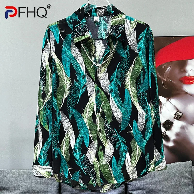 

PFHQ Long Sleeved Shirts For Men's Autumn New Loose Breathable Art Creativity Light Luxury Handsome Print Male Chic Tops 21Z4360