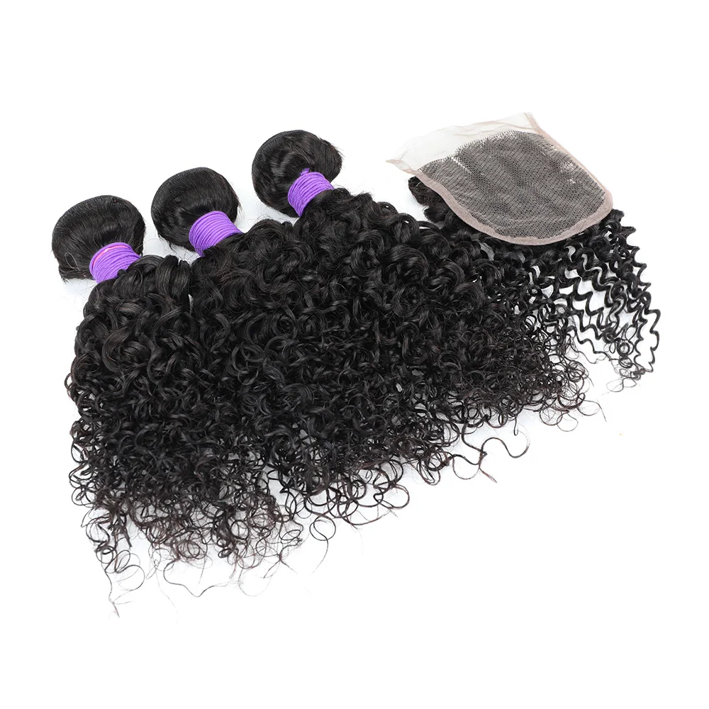 Malaysian Water Wave Bundles with Closure Wet Wavy Mongolian Curl Human Hair Bundles 4x4 Lace Closure Remy Weave Extensions