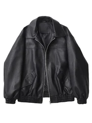 2026 Fashion Streetwear Women Retro Loose Black PU Faux Leather Jacket Spring Autumn Lady Vintage Zipper Coat Moto Biker Outwear