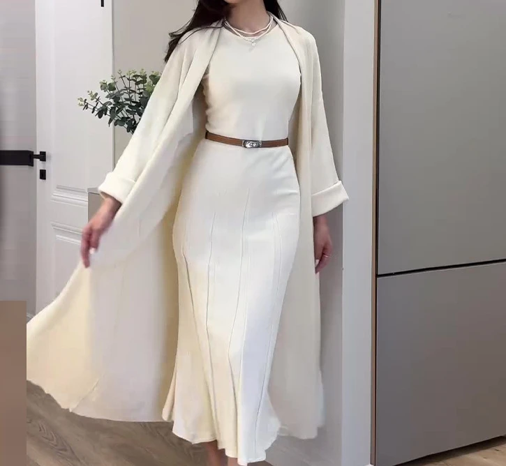 

Women's Two-piece Set 2024 Winter Solid Color Loose Fit Sleeveless Pleated Maxi Dress Robe Long Sleeved Longline Cardigan Set