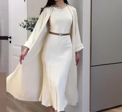 Women's Two-piece Set 2024 Winter Solid Color Loose Fit Sleeveless Pleated Maxi Dress Robe Long Sleeved Longline Cardigan Set