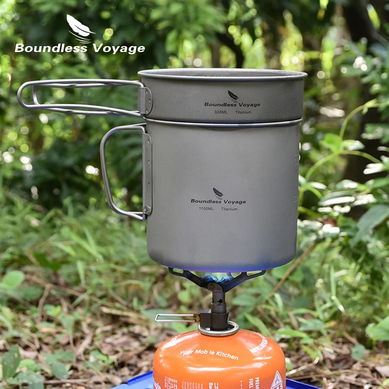 

Titanium Camping Cooking Set with Folding Handles Bacteriostatic Outdoor Picnic Tableware Pan Pot Bowl Plate Mess Kit
