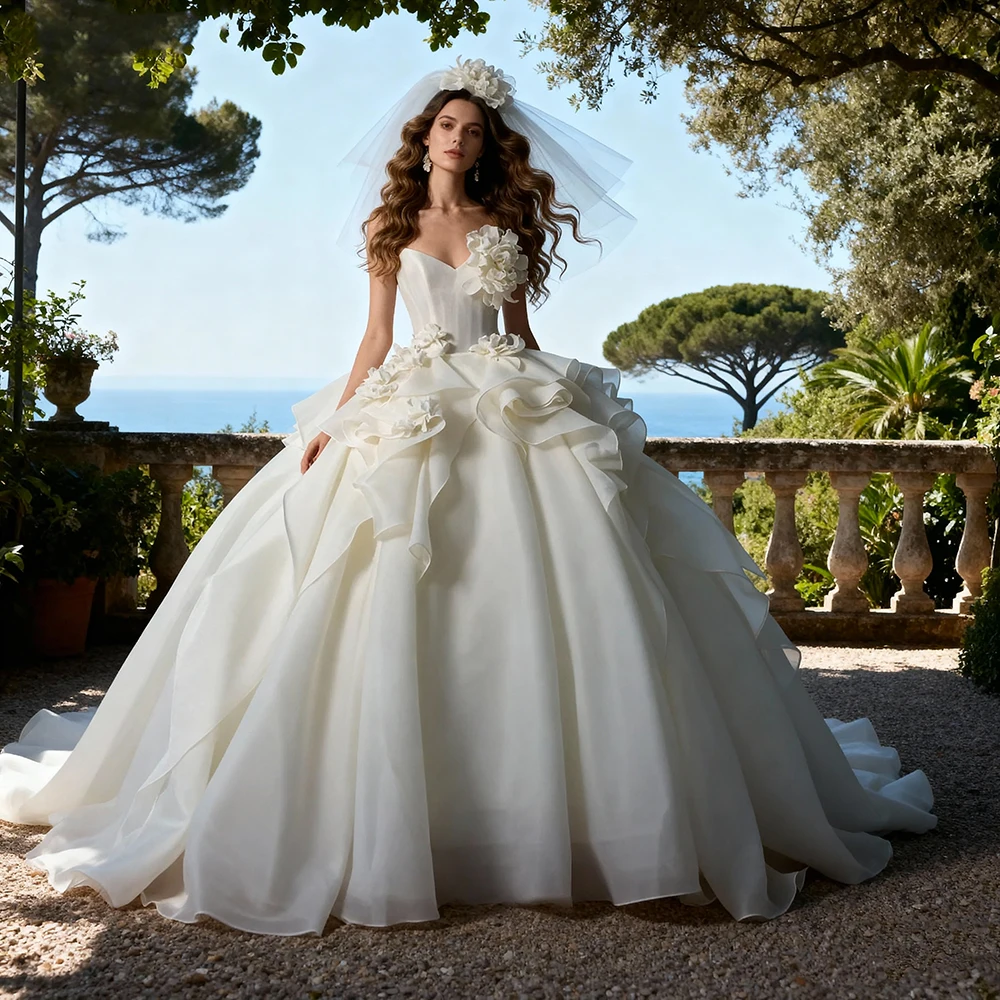 

High Quality Organza Wedding Dresses for Special Occasions Strapless Rose Flowers Wedding Dresses for Parties Elegant Gowns