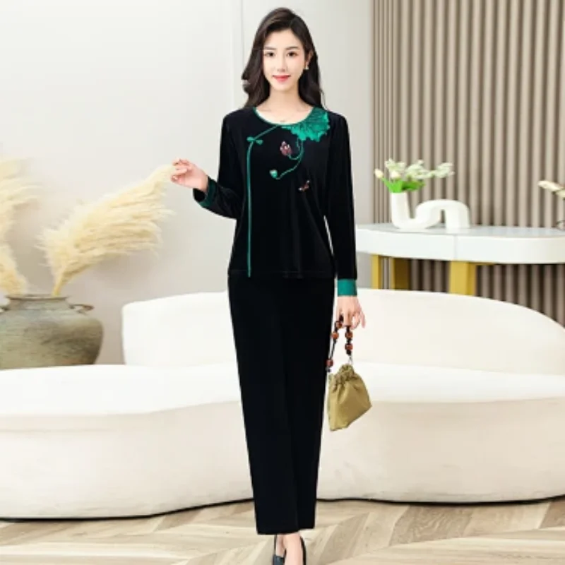 New Chinese Style Velvet Two Piece Set Women Lotus Embroidery Long Sleeve Top Wide Leg Pants Outfit For Middle Aged Spring